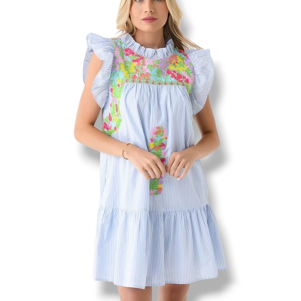 J. MARIE Florence Striped Floral Embroidered Mini Dress Size M Resort Coquette